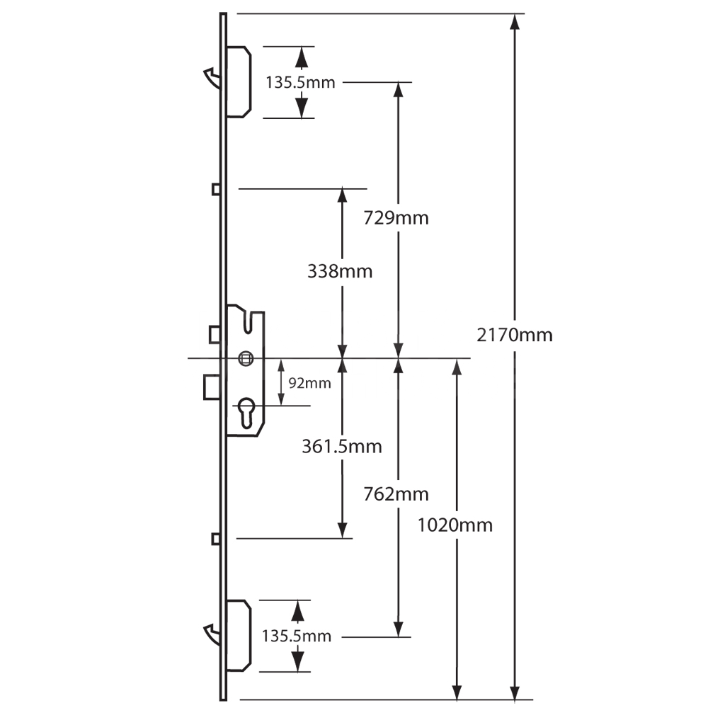 Dimensions Image: Fuhr 855 Type 3 Key Wind Multipoint Lock