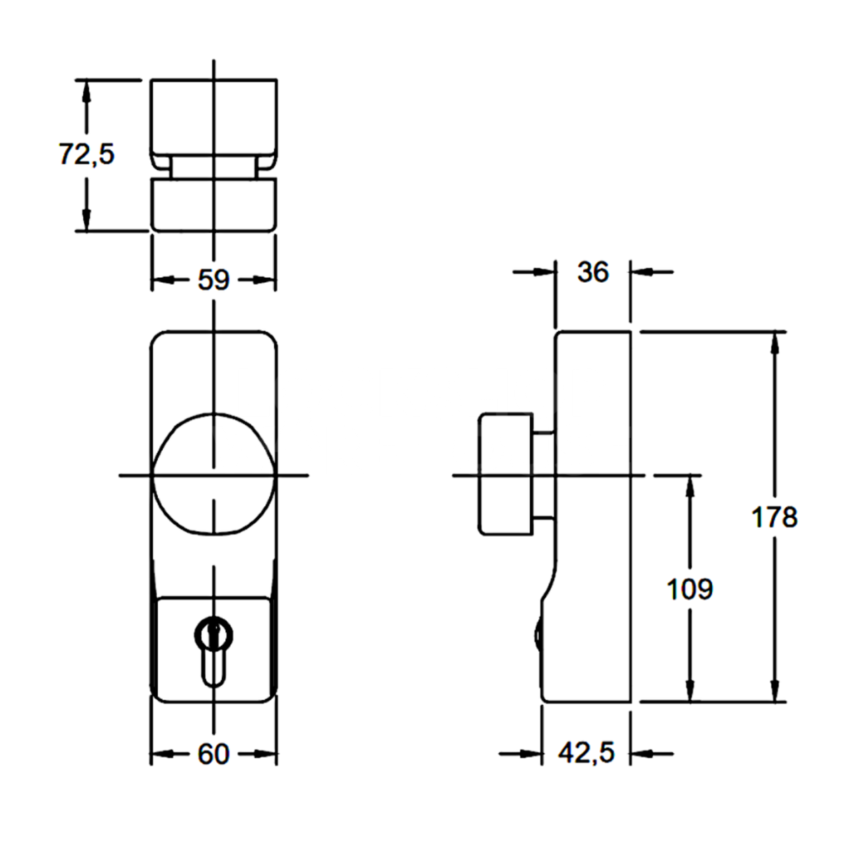 Dimensions Image: Exidor 302 Knob Operated Outside Access Device