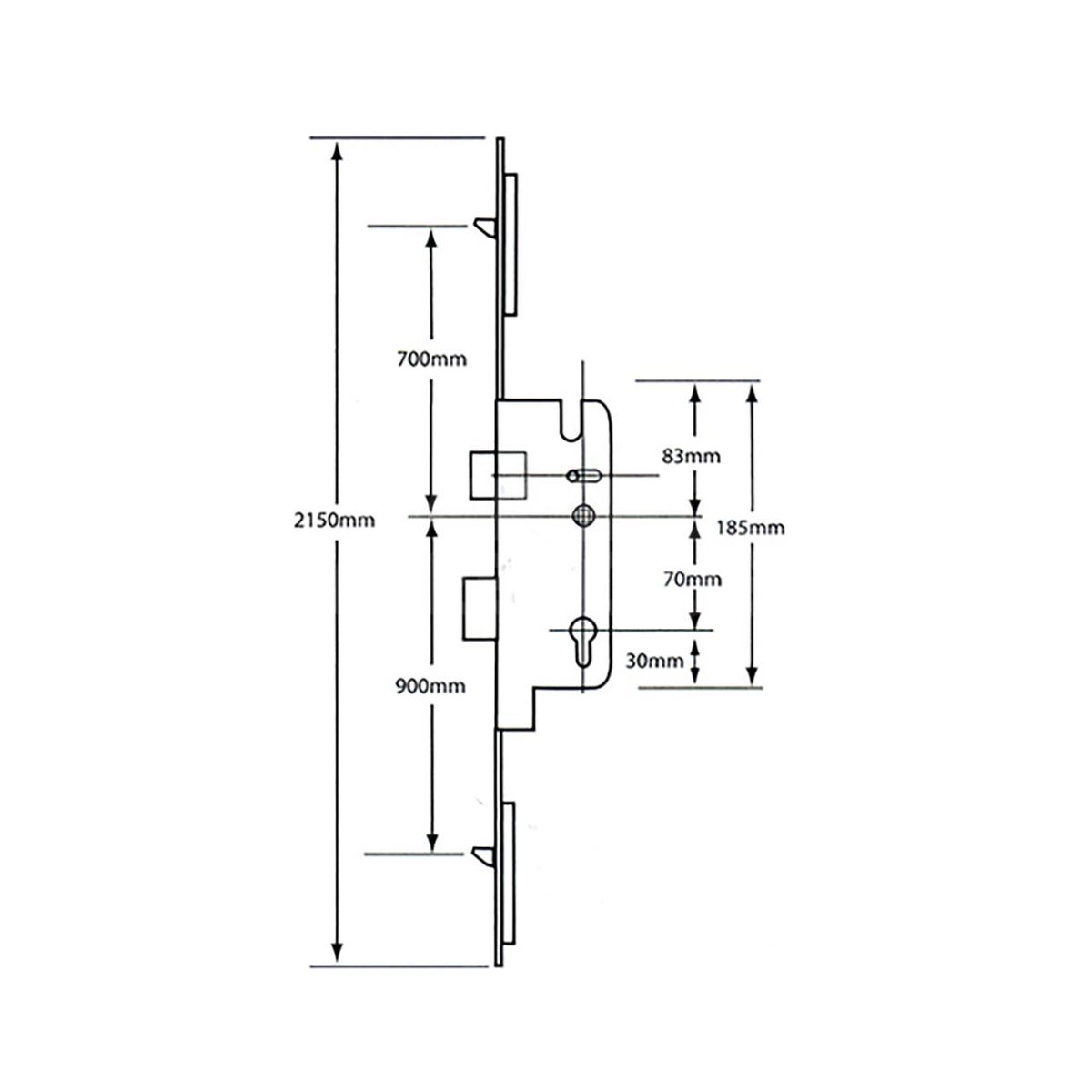Dimensions Image: Ferco Tripact Lever Operated Latch and Deadbolt 20mm Faceplate -2 Small Hook