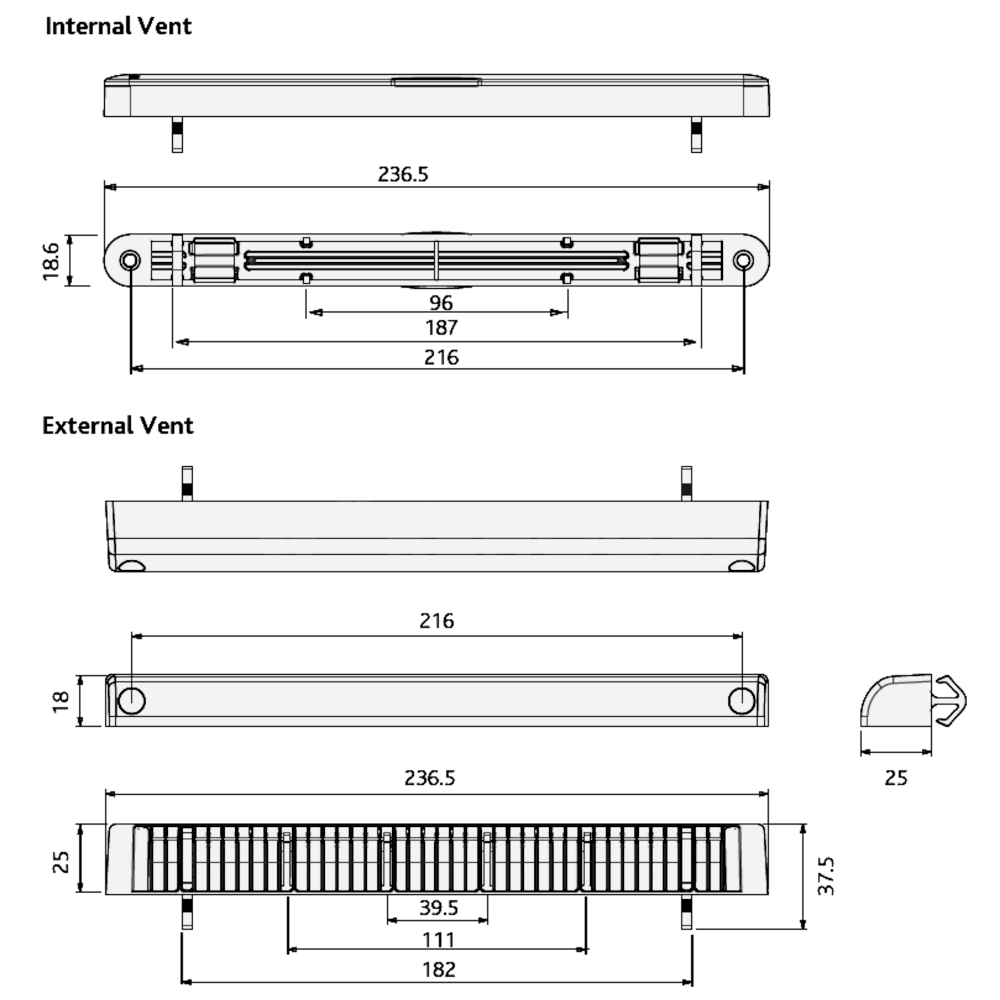 Dimensions Image: ERA Retro Fit Trickle Vent Internal &amp; External Set 2500