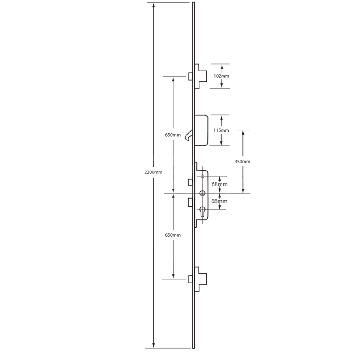 Dimensions Image: Fullex 2 Deadbolts - 1 Hook - Split Spindle : UPVC Multi-Point Locking Mechanism
