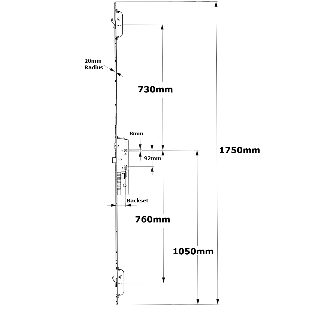 Dimensions Image: Maco M-TS E Motorised Multipoint Lock