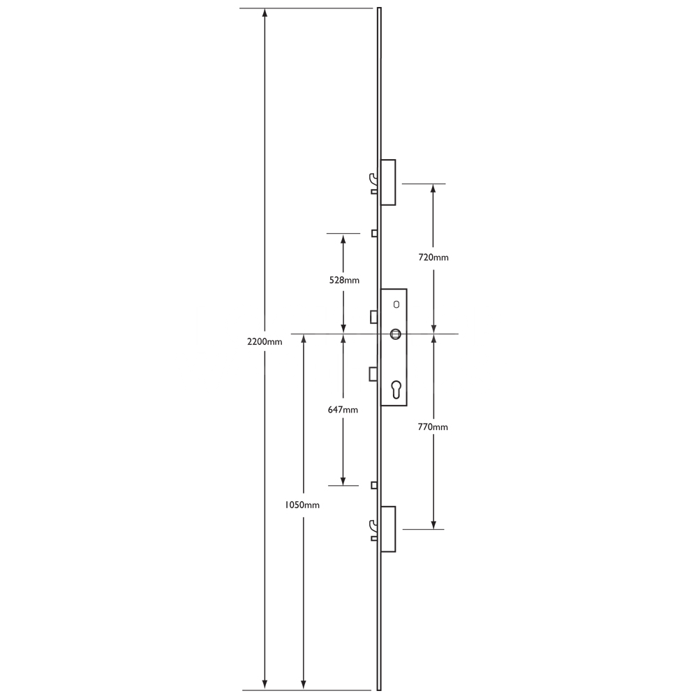 Dimensions Image: Lockmaster Lever Operated 2 Hook 2 Anti-Lift 2 Roller Multipoint Lock