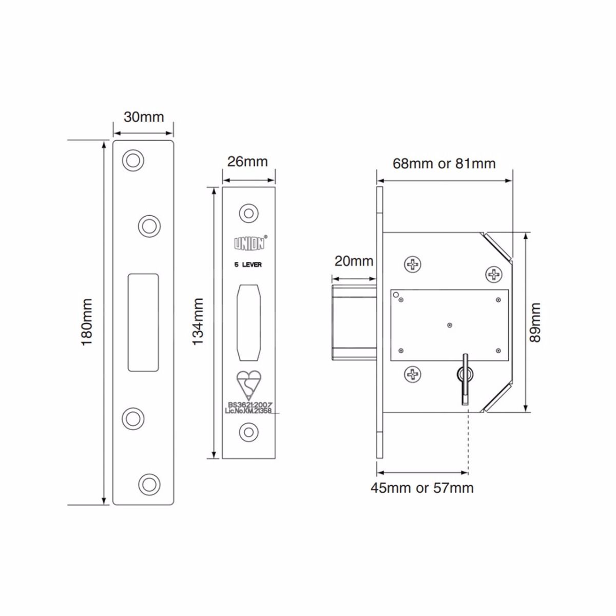 Dimensions Image: Union 2100S StrongBOLT Deadlock (BS3621:2007)