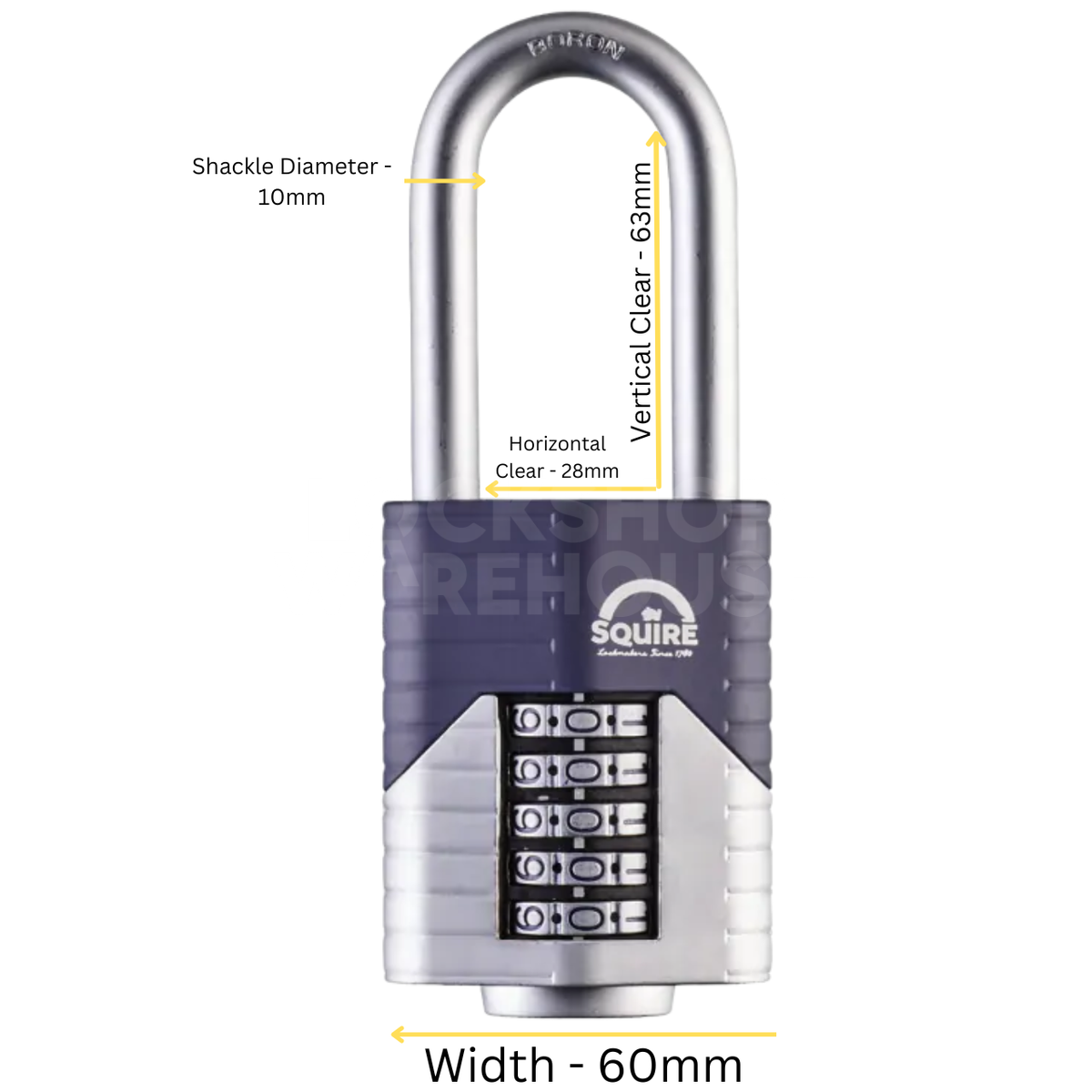 Dimensions Image: SQUIRE Vulcan 60mm 2.5&quot; Long Shackle Combination Padlock - 5 Wheel