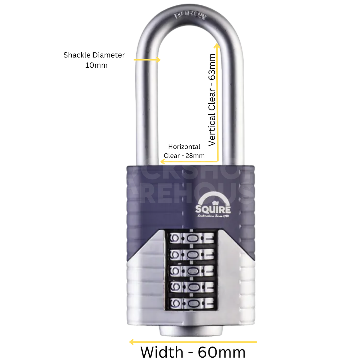 Dimensions Image: SQUIRE Vulcan 60mm 2.5" Long Shackle Combination Padlock - 5 Wheel