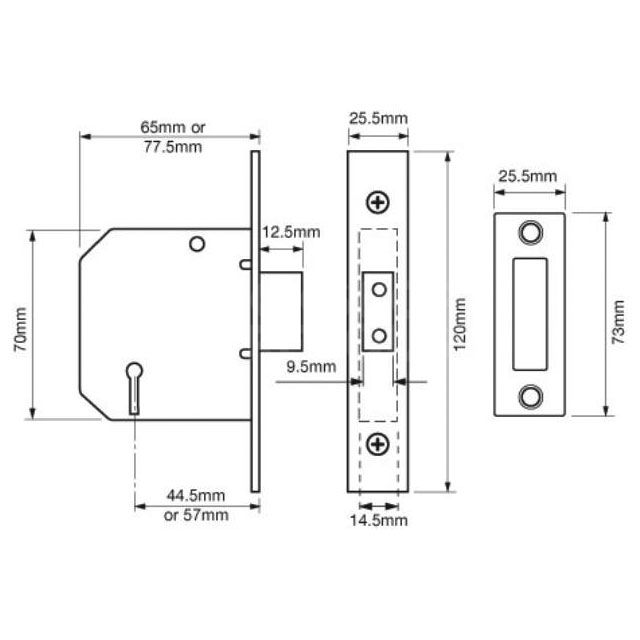 Dimensions Image: Union 2177 3 Lever Deadlock