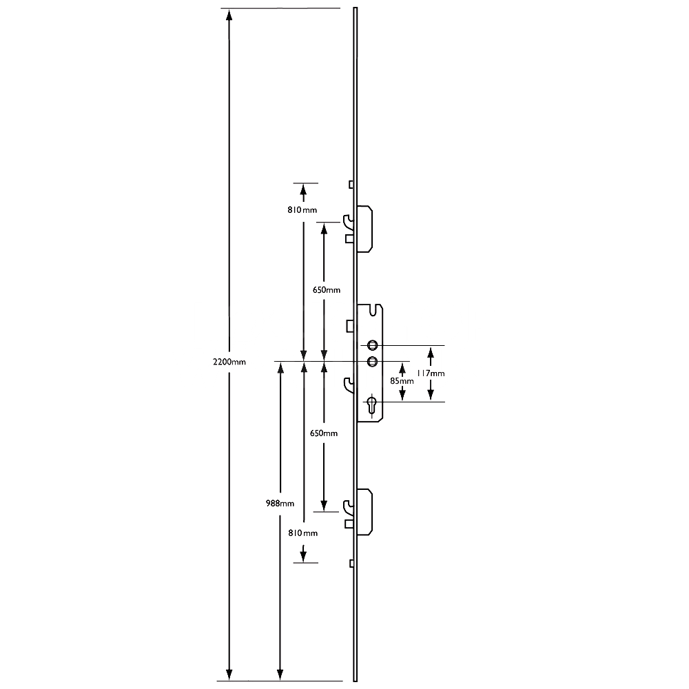 Dimensions Image: Millenco Twin Spindle Multipoint Lock with Hooks and Rollers