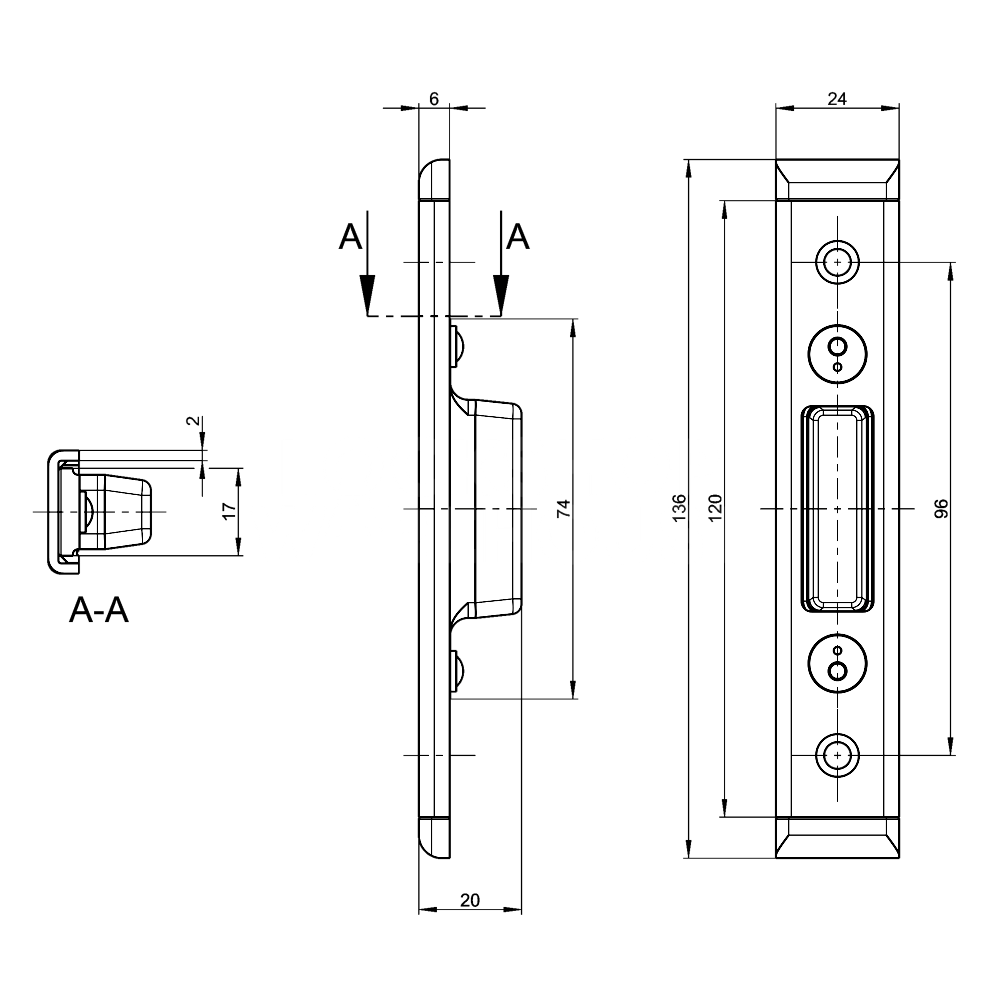Dimensions Image: GU Deadbolt Keep U24 x 6mm With 12mm Axis To Suit Secury Panic E - Stainless Steel 6-40032-AC-0-8