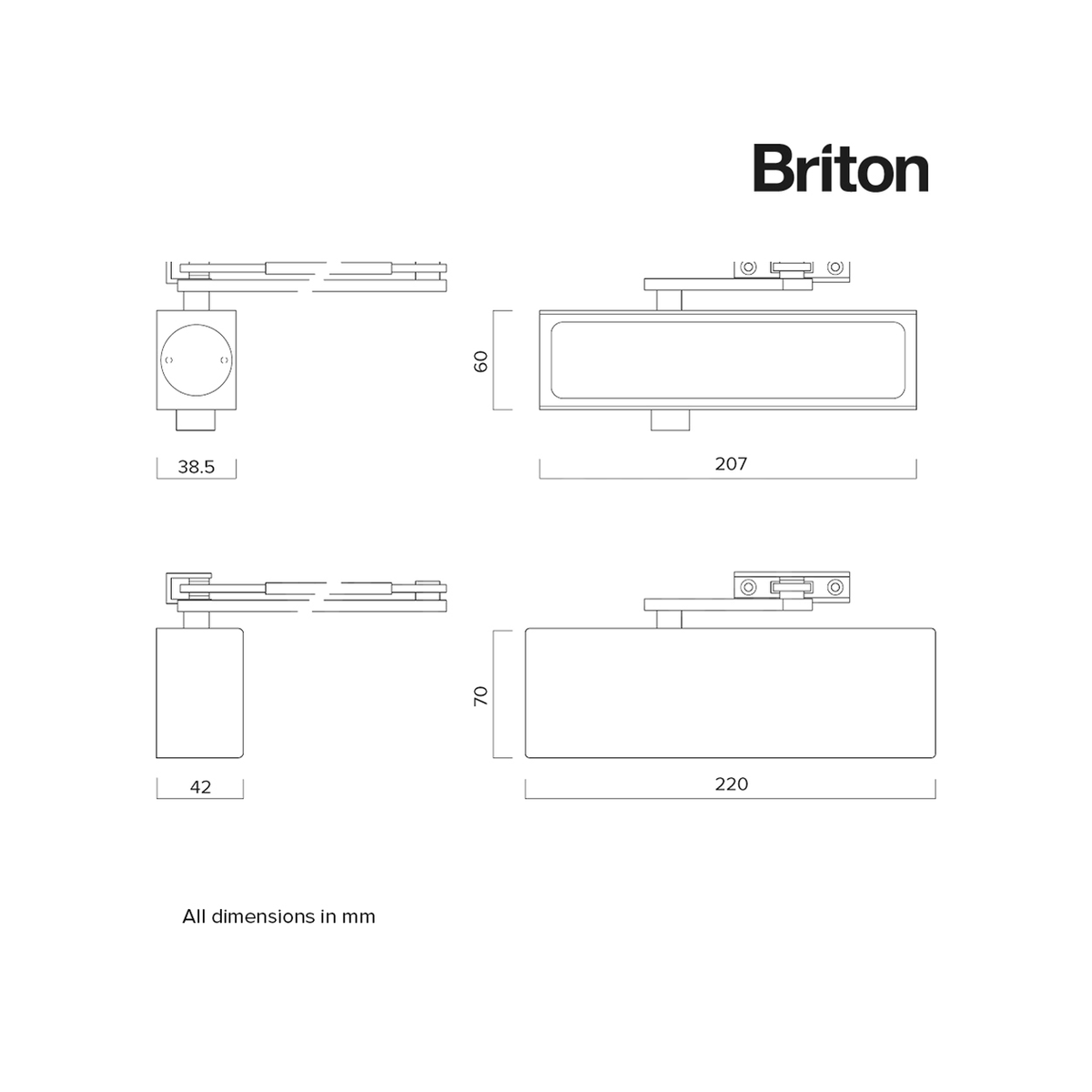 Dimensions Image: Briton 1110 Door Closer Silver Finish Size 2 - 4