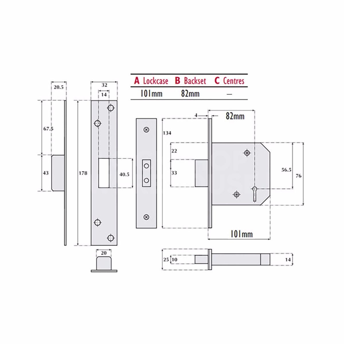 Dimensions Image: Imperial G5004 5 lever Deadlock - 101mm (4inch) case