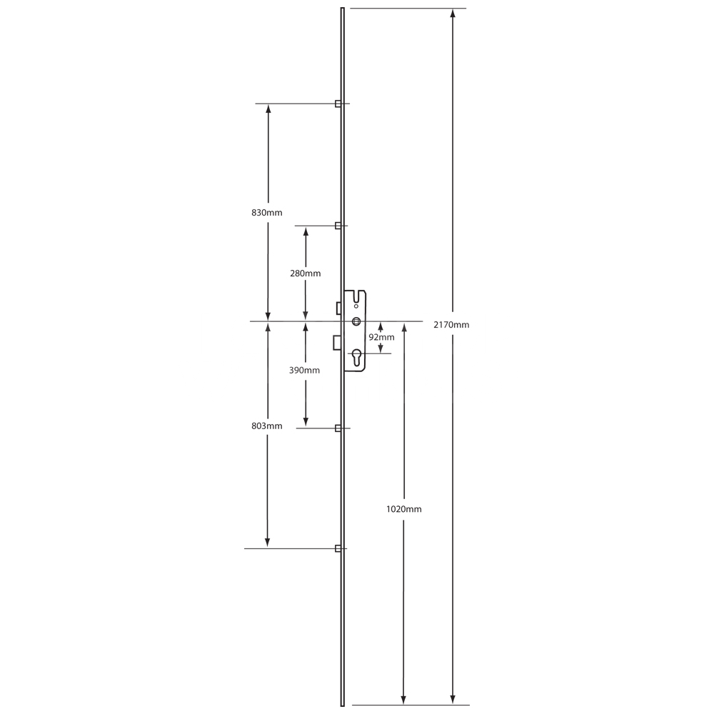 Dimensions Image: KFV 4050 Lever Operated 4 Roller Multipoint Lock with U-Rail