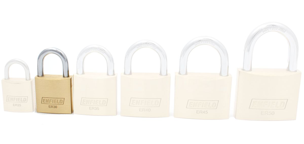 Gallery Image: Size comparison for the Enfield ER25 to ER50 Padlocks