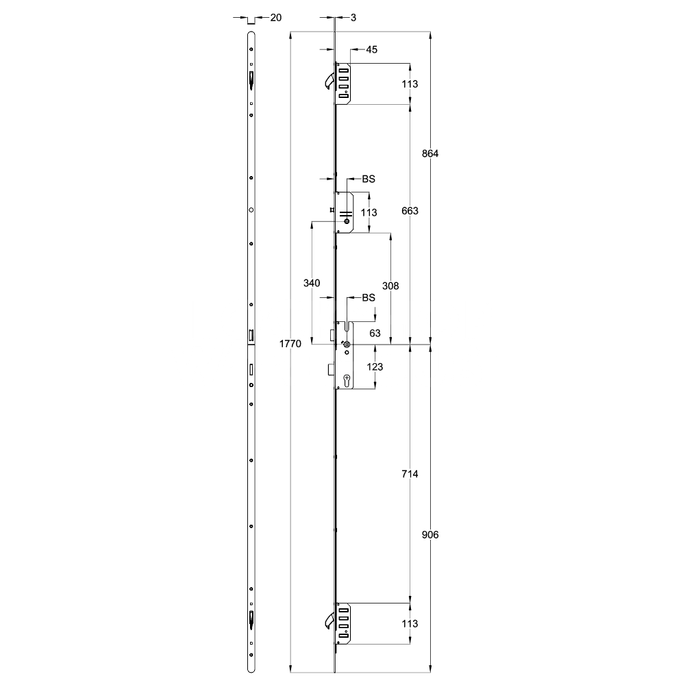 Dimensions Image: Winkhaus AV2 EntryGuard 2 Hook Multipoint Lock