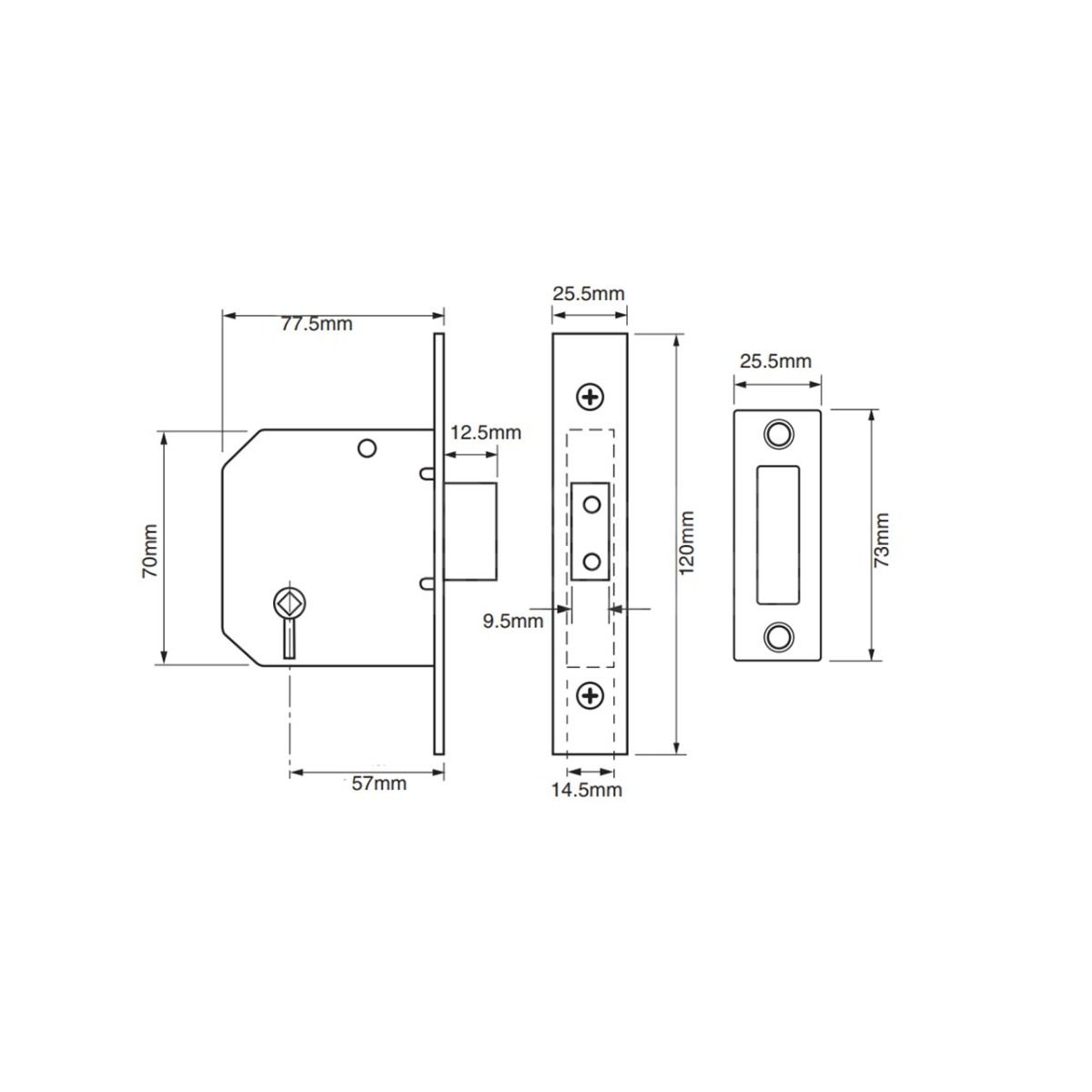Dimensions Image: Union 2126 Turn Operated Deadlock 76mm - Satin Chrome