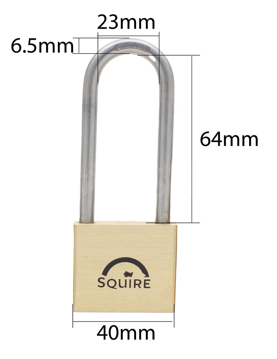 Dimensions Image: Squire LN4S MARINE - 40mm - Brass Padlock - 64mm Long Stainless Steel Shackle