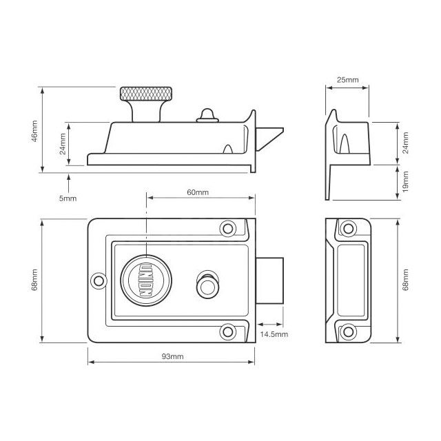 Dimensions Image: Union 1022 Traditional Security Rim Lock 60mm - Case Only