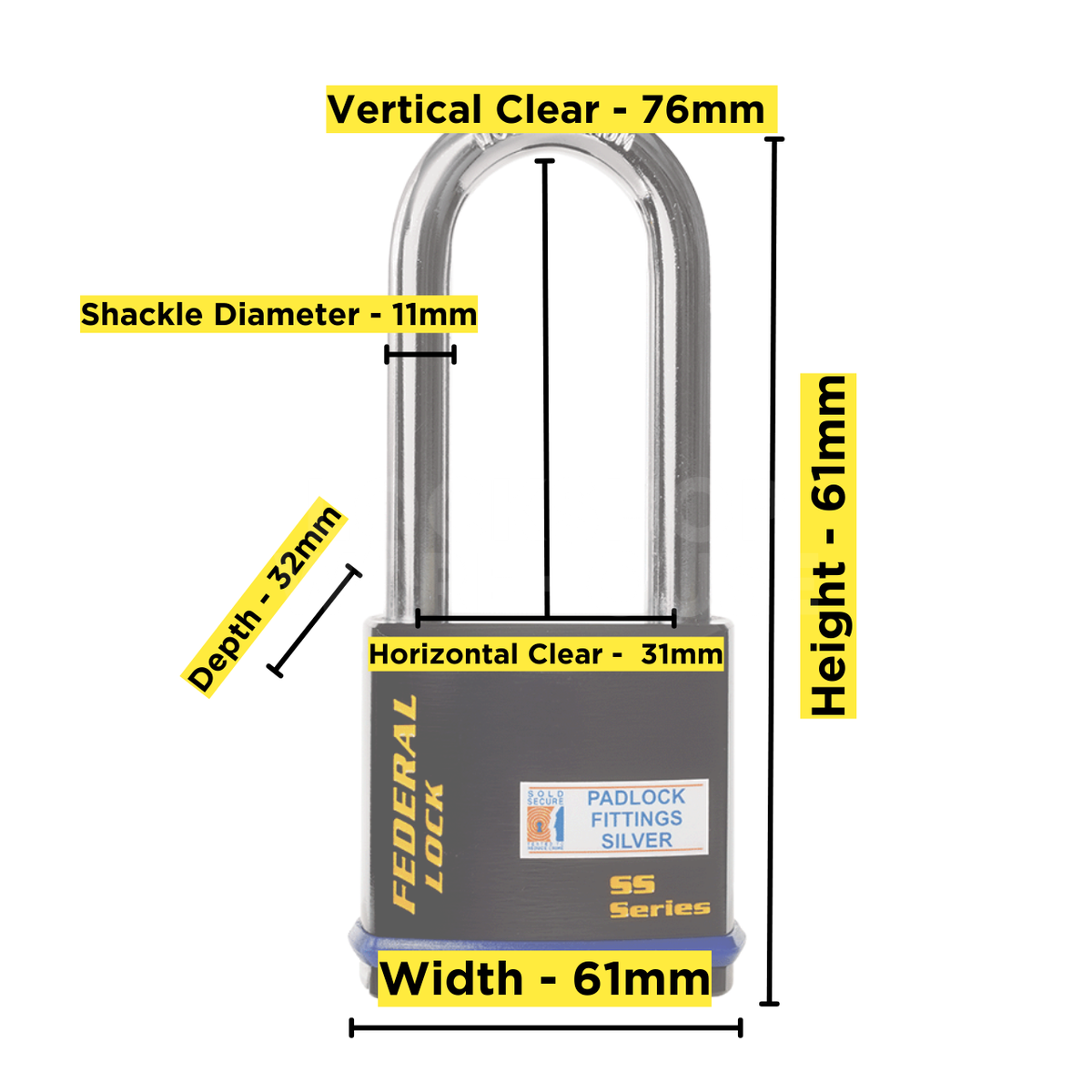 Dimensions Image: Federal 733 Padlock - 75mm Long Shackle