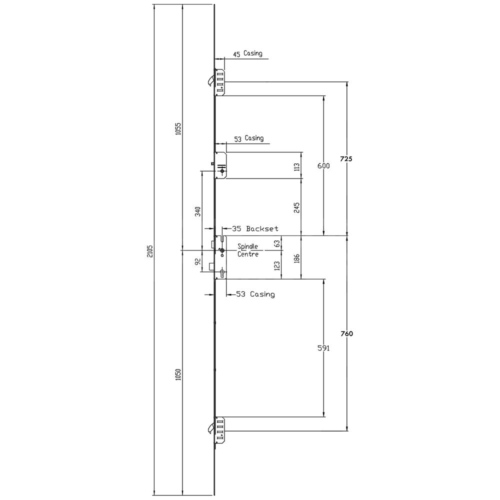 Dimensions Image: Winkhaus EntryGuard AV2 2 Hook Multipoint Lock