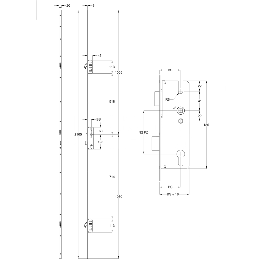 Dimensions Image: Winkhaus Cobra Lever Operated 2 Hook Multipoint Lock