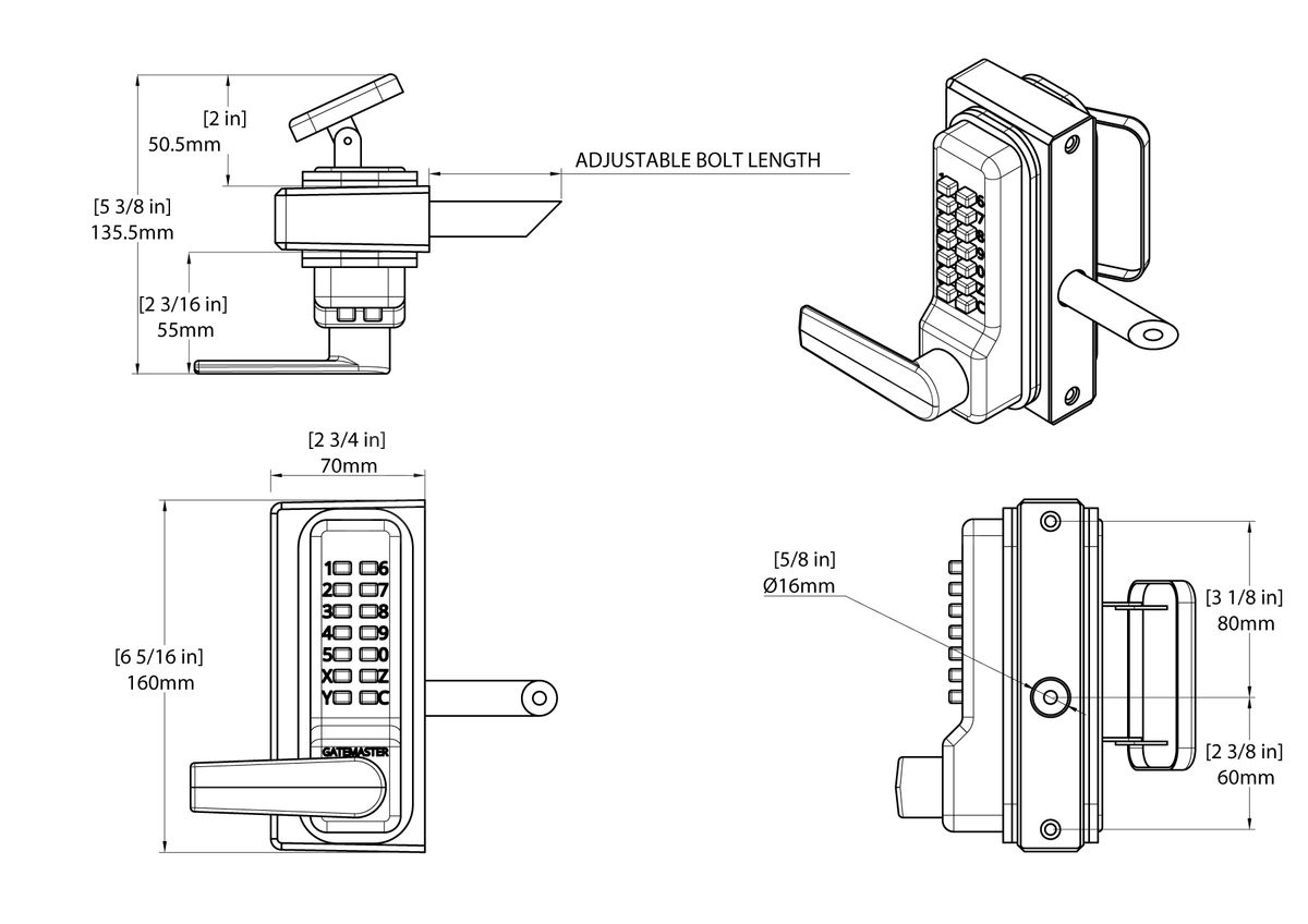 Dimensions Image: Gatemaster Superlock 2.0 Code Gate Lock with RapidReset Keypad &amp; Quick-Exit