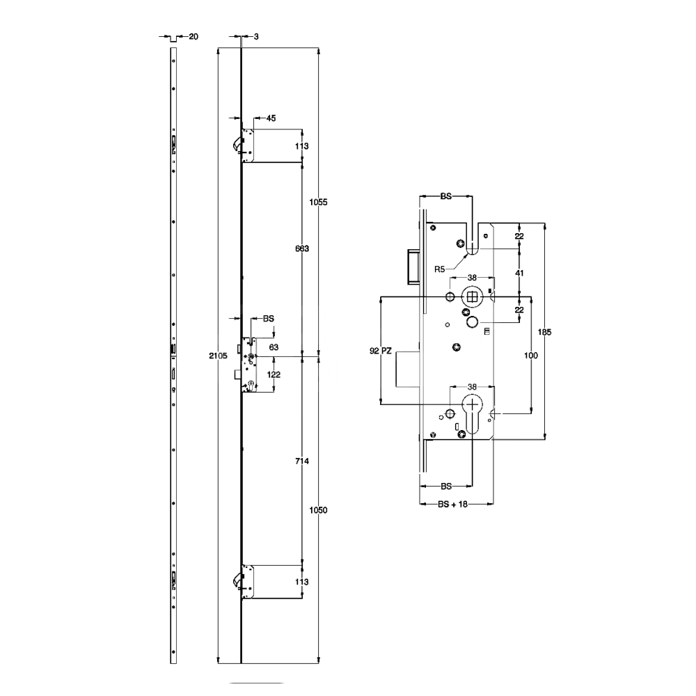 Dimensions Image: Winkhaus AV2 Auto-Locking 2 Hook Multipoint Lock