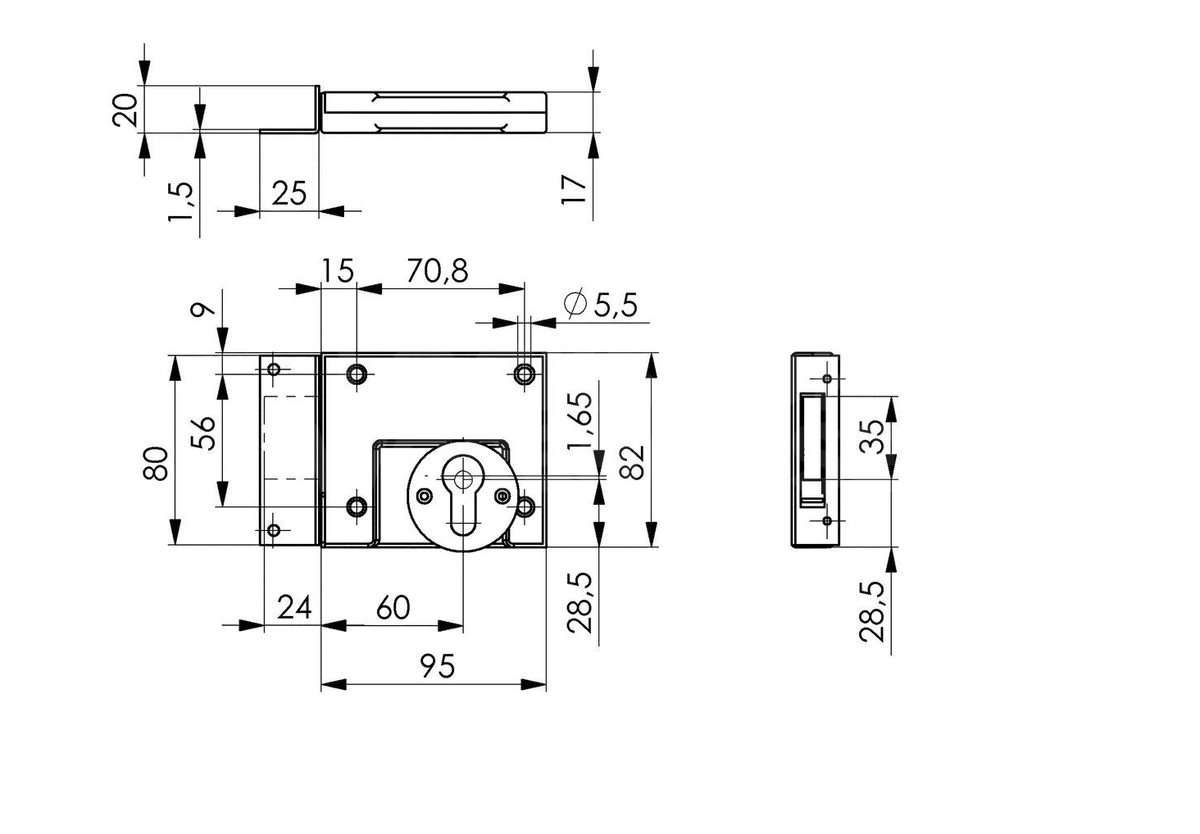 Dimensions Image: AMF Gate Lock 49Z Double Throw Zinc Plated Rim Deadcase