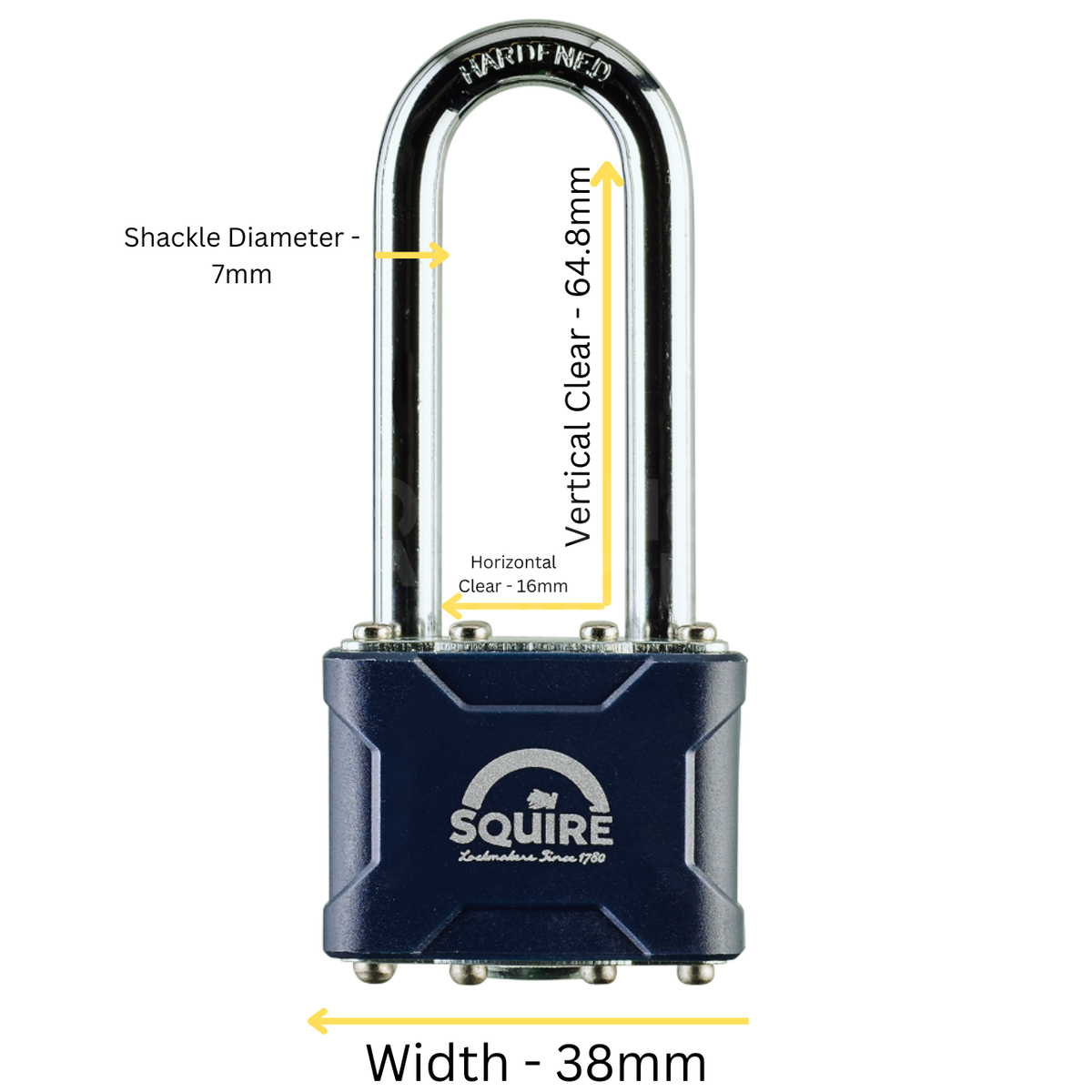 Dimensions Image: Squire Stronglock 35 - 2.5" Long Shackle Padlock