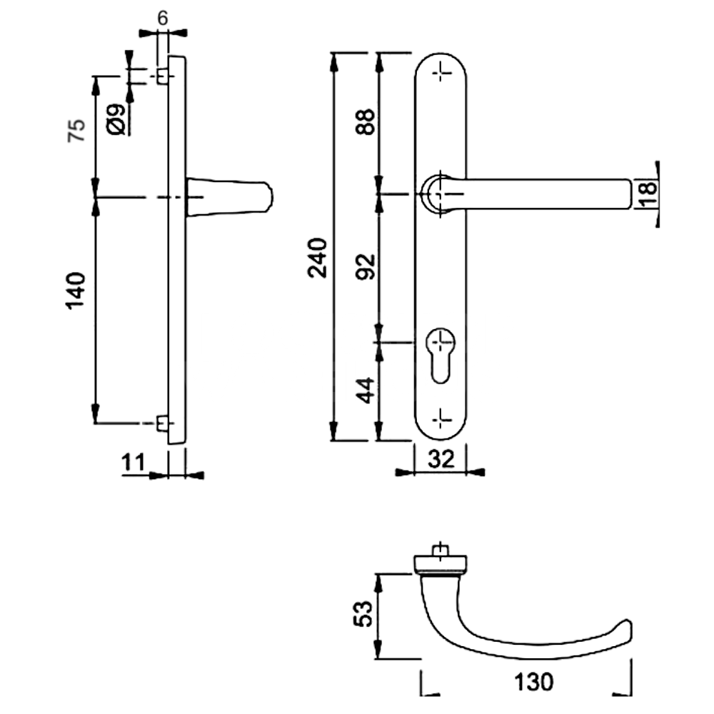 Dimensions Image: Hoppe Arrone Suited Lever/Lever Handle 240mm Backplate