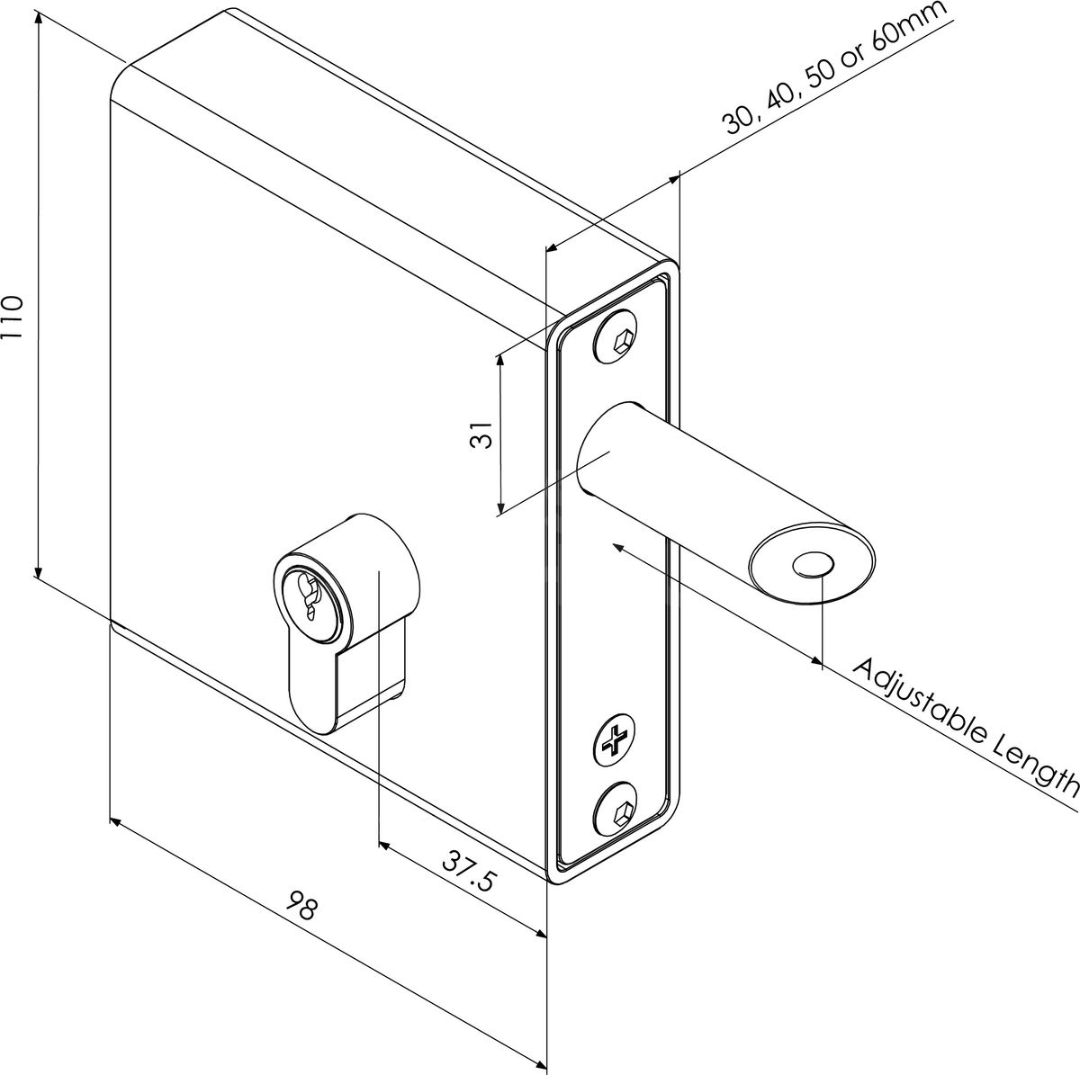 Dimensions Image: Gatemaster Select Pro Weld-In Long Throw Keylatch
