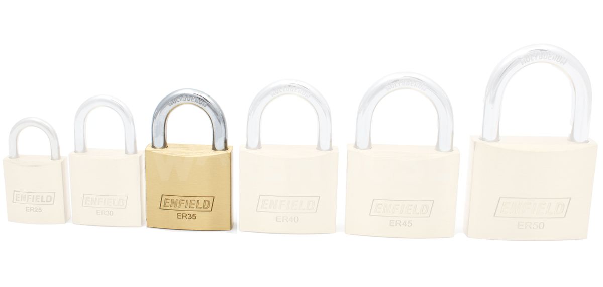 Gallery Image: Size comparison for the Enfield ER25 to ER50 Padlocks