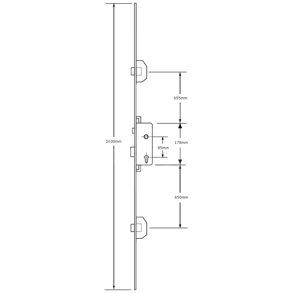 Dimensions Image: UCEM Lever Operated Multipoint Lock with 2 Deadbolts