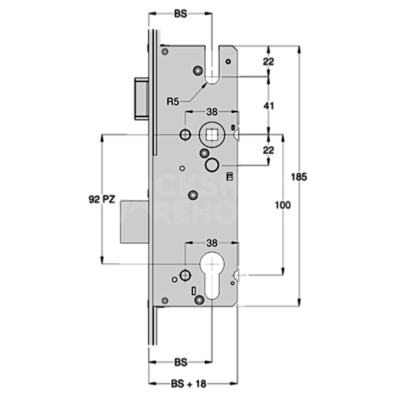 Dimensions Image: Winkhaus AV2 Auto Locking Single Spindle Latch &amp; Deadbolt Gearbox