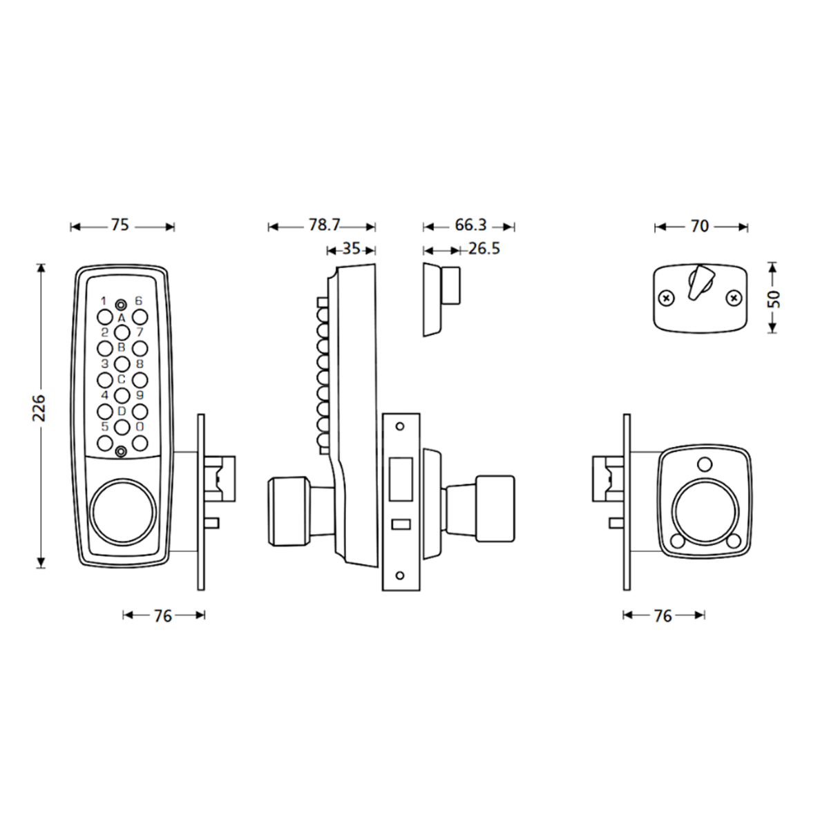 Dimensions Image: Keylex 2100 Heavy Duty Push Button Digital Code Lock