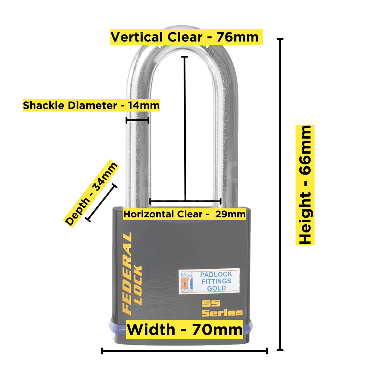 Dimensions Image: Federal 743 Padlock - 75mm Long Shackle