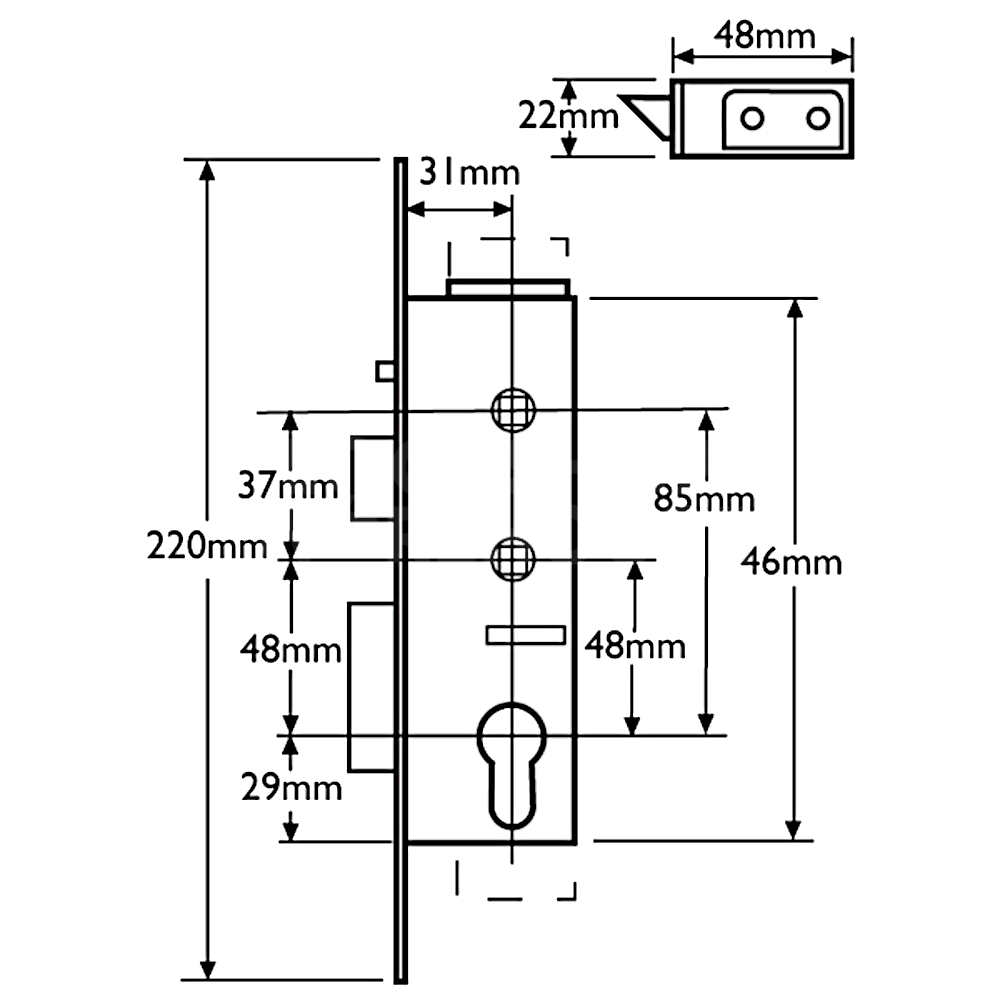 Dimensions Image: ABT Gibbons Lever Operated Latch &amp; Deadbolt Centre Case - 32/85-48