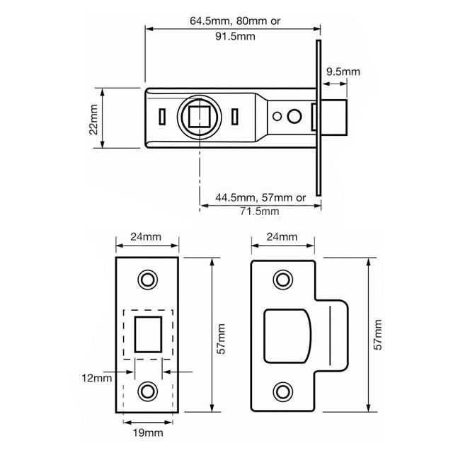 Dimensions Image: Union Rebated Tubular Mortice Latch 2650