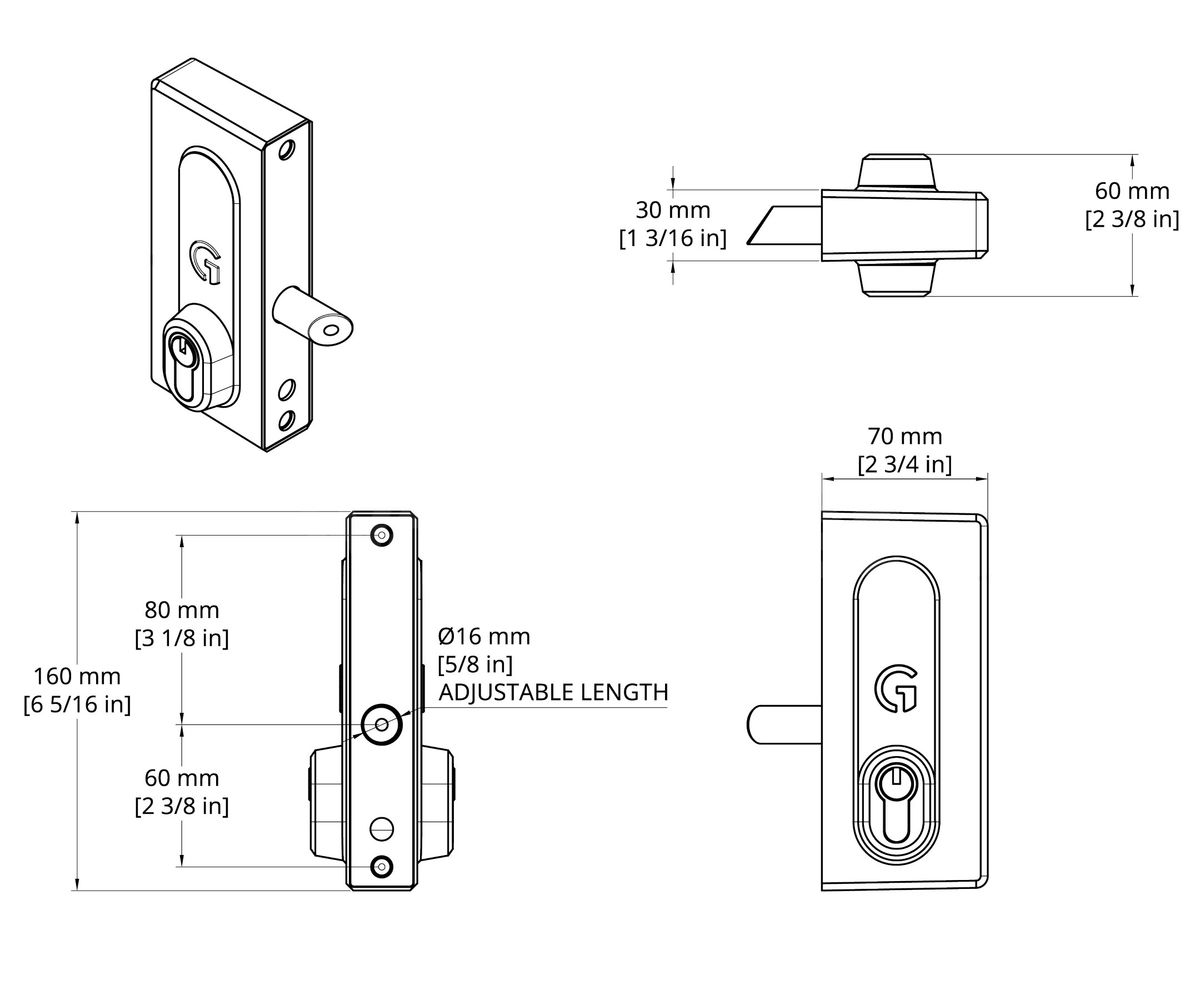 Dimensions Image: Gatemaster Superlock 2.0 Keylatch Gate Lock - Double-Sided Key Access