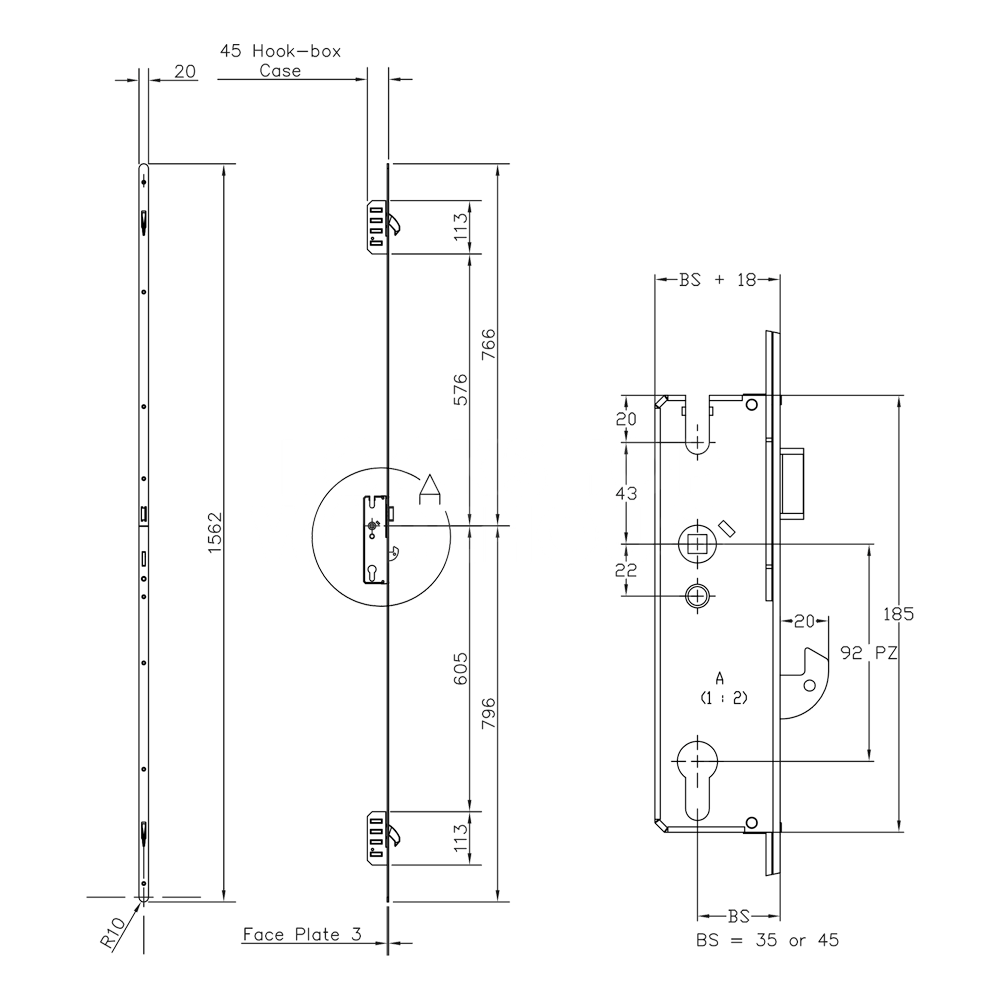 Dimensions Image: Winkhaus Cobra Lever Operated Latch &amp; Hookbolt