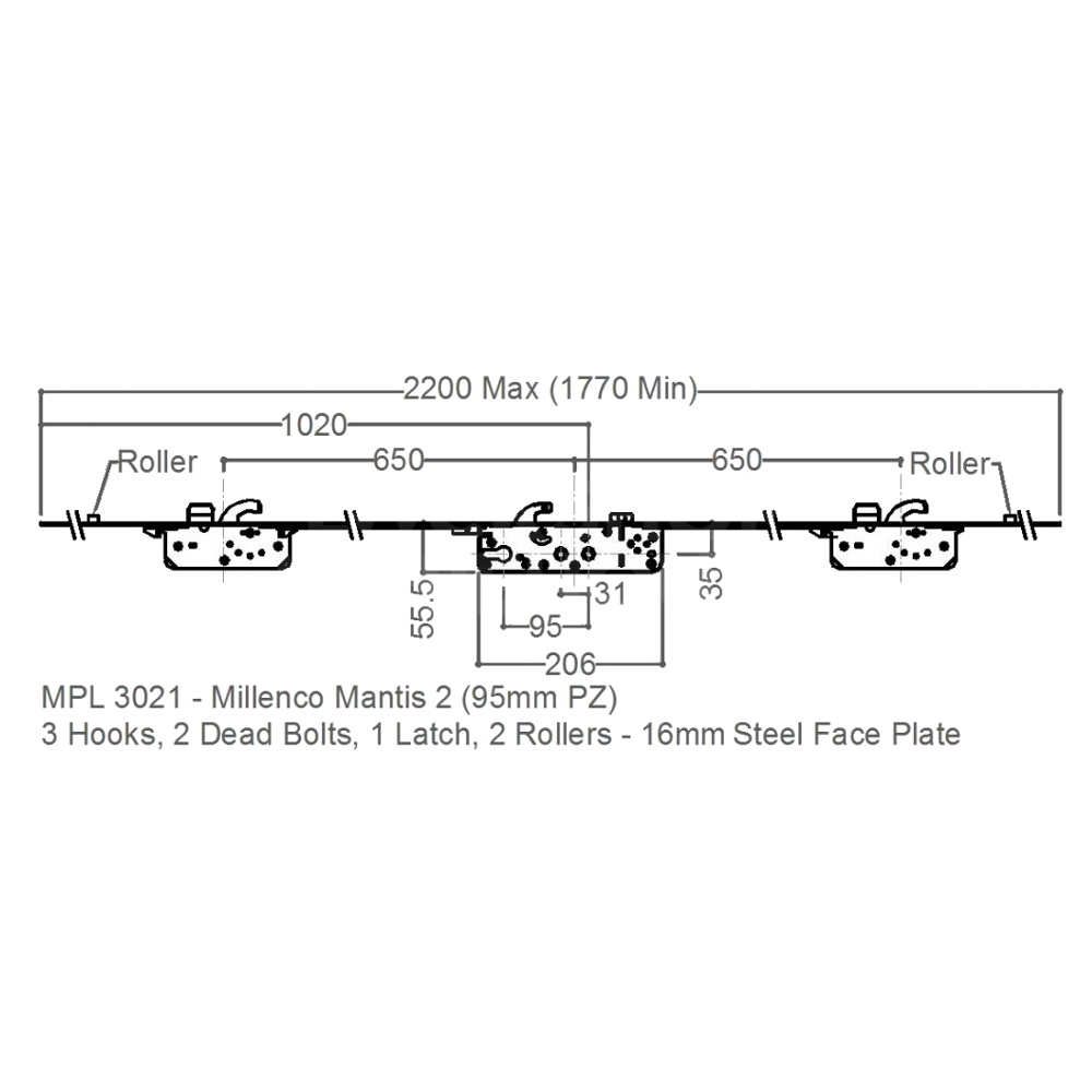 Dimensions Image: Millenco Mantis 2 Lever Operated Twin Spindle Multipoint Lock