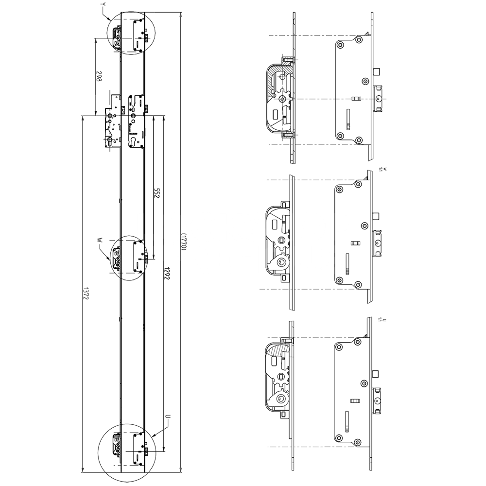 Dimensions Image: Elite Heritage Key Wind Multipoint Lock 3 Deadlocking Latch Bolts