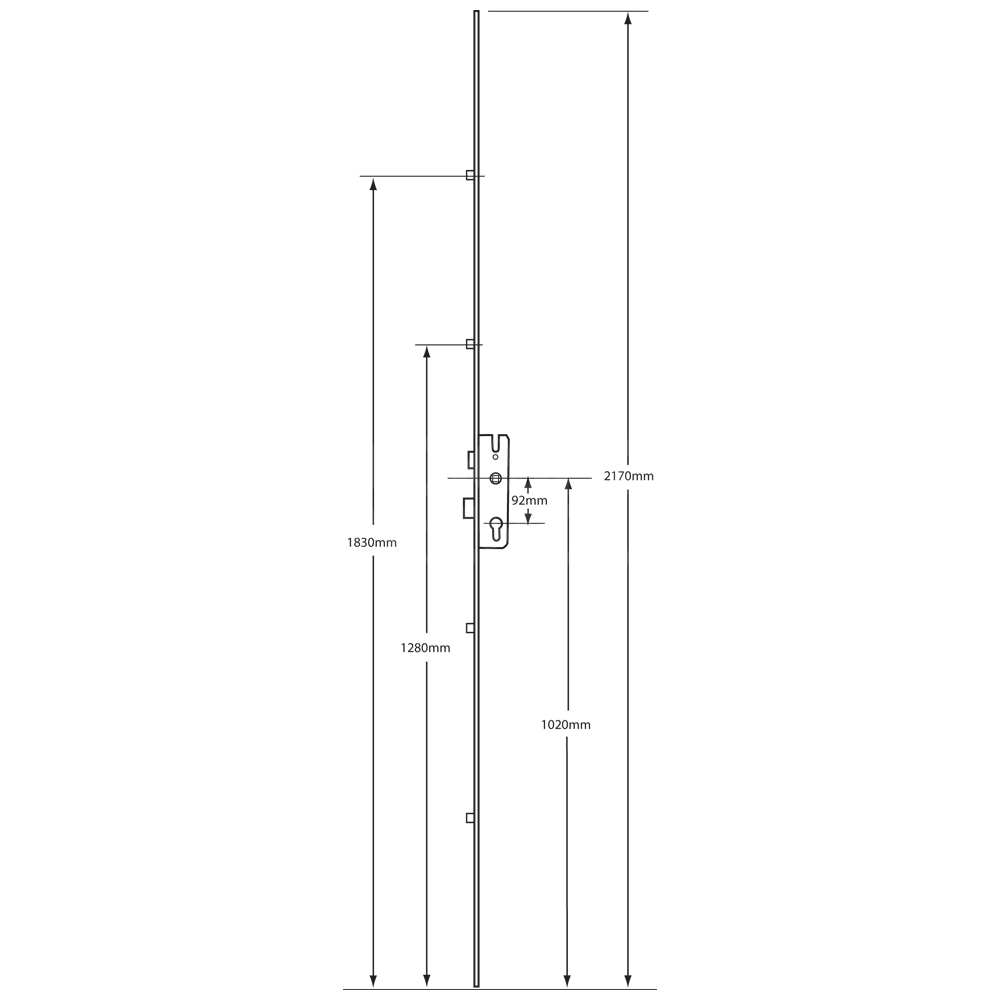 Dimensions Image: KFV 8250 Key Operated 4 Roller Multipoint Lock