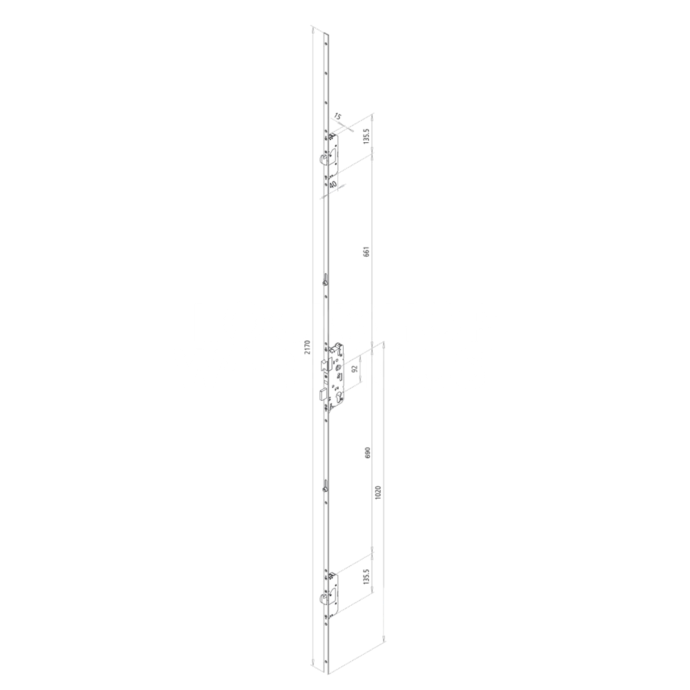 Dimensions Image: FUHR 859 Type 3 Lever Operated 2 Hook 2 Roller Multipoint Lock