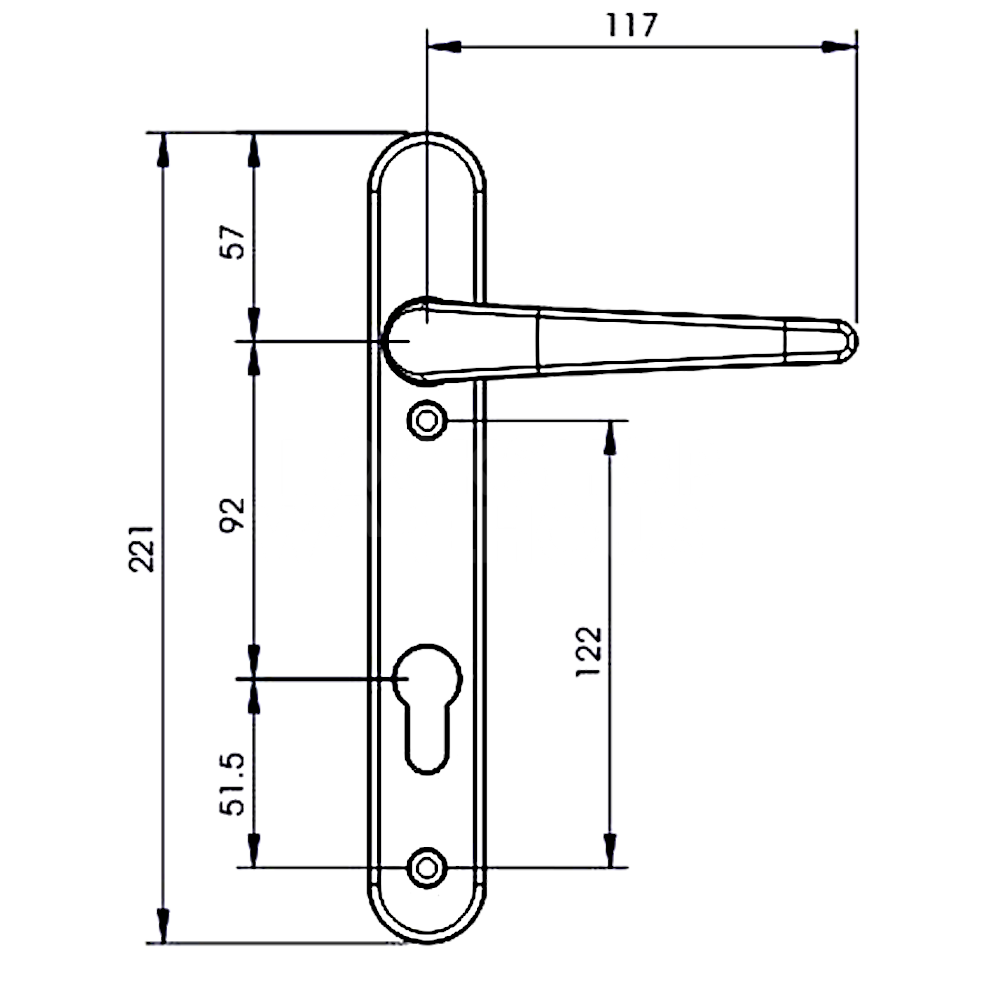 Dimensions Image: ERA 3295 Classic 92PZ Lever Lever Door Handle