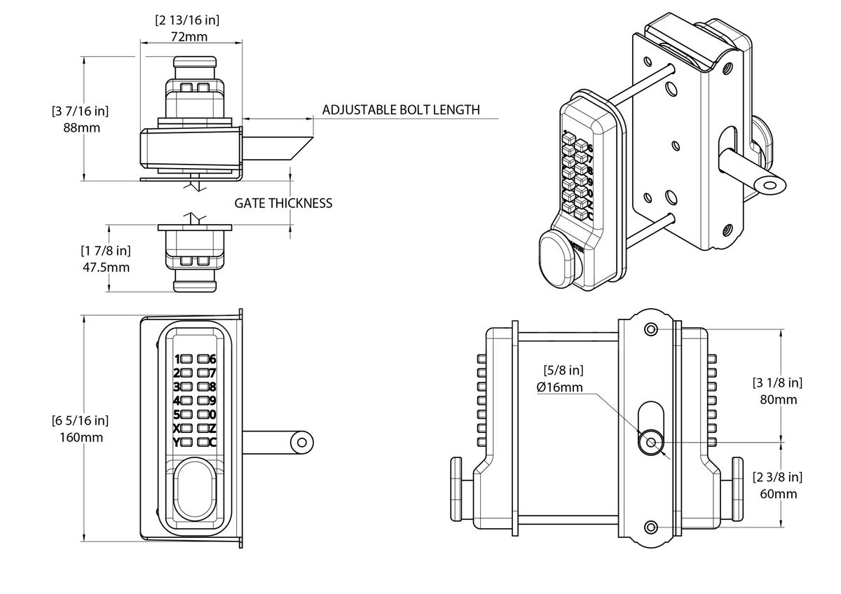 Dimensions Image: Gatemaster Superlock 2.0 Surface Mounted Double-Sided Code Gate Lock