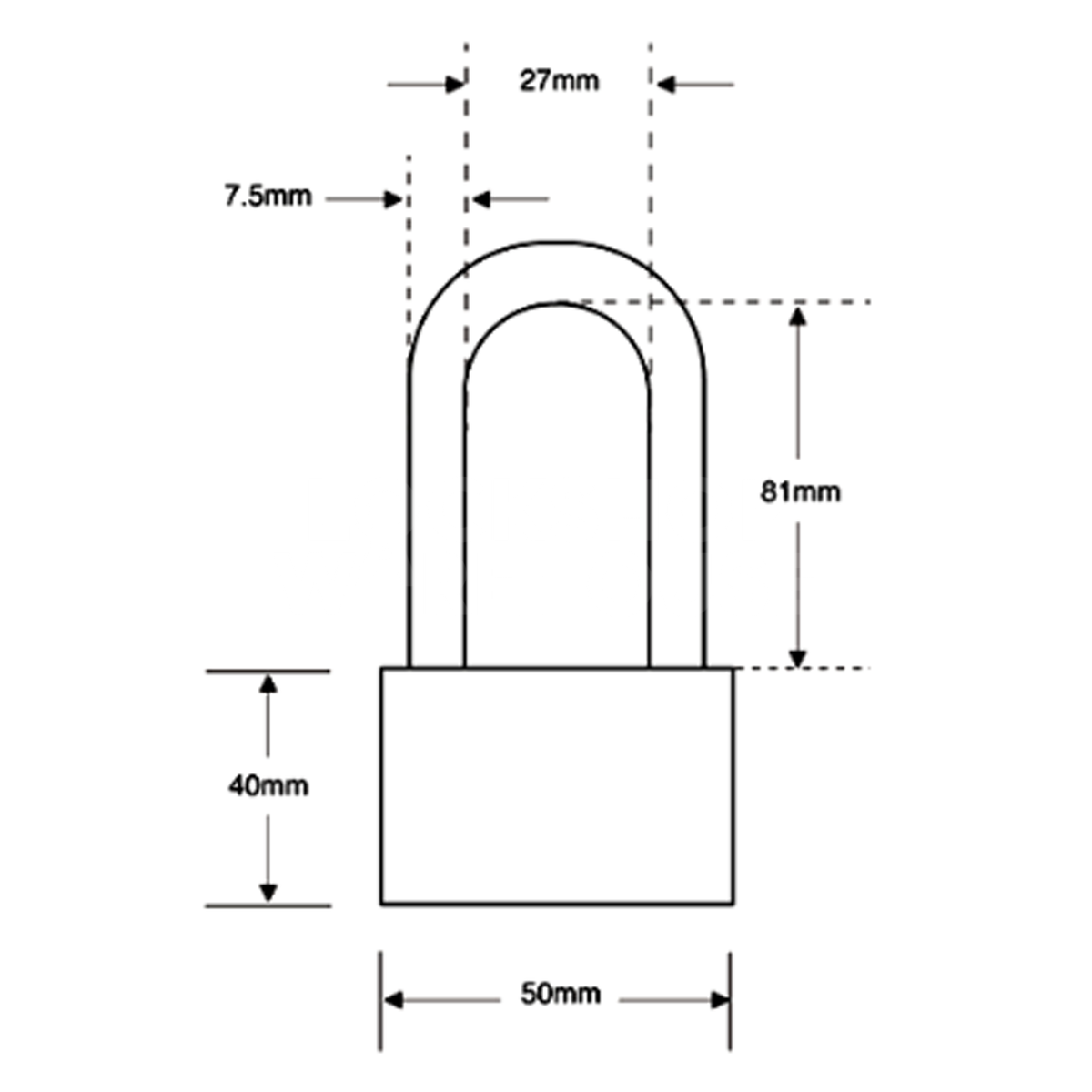 Dimensions Image: Asec 50mm Long Shackle Solid Brass Padlock