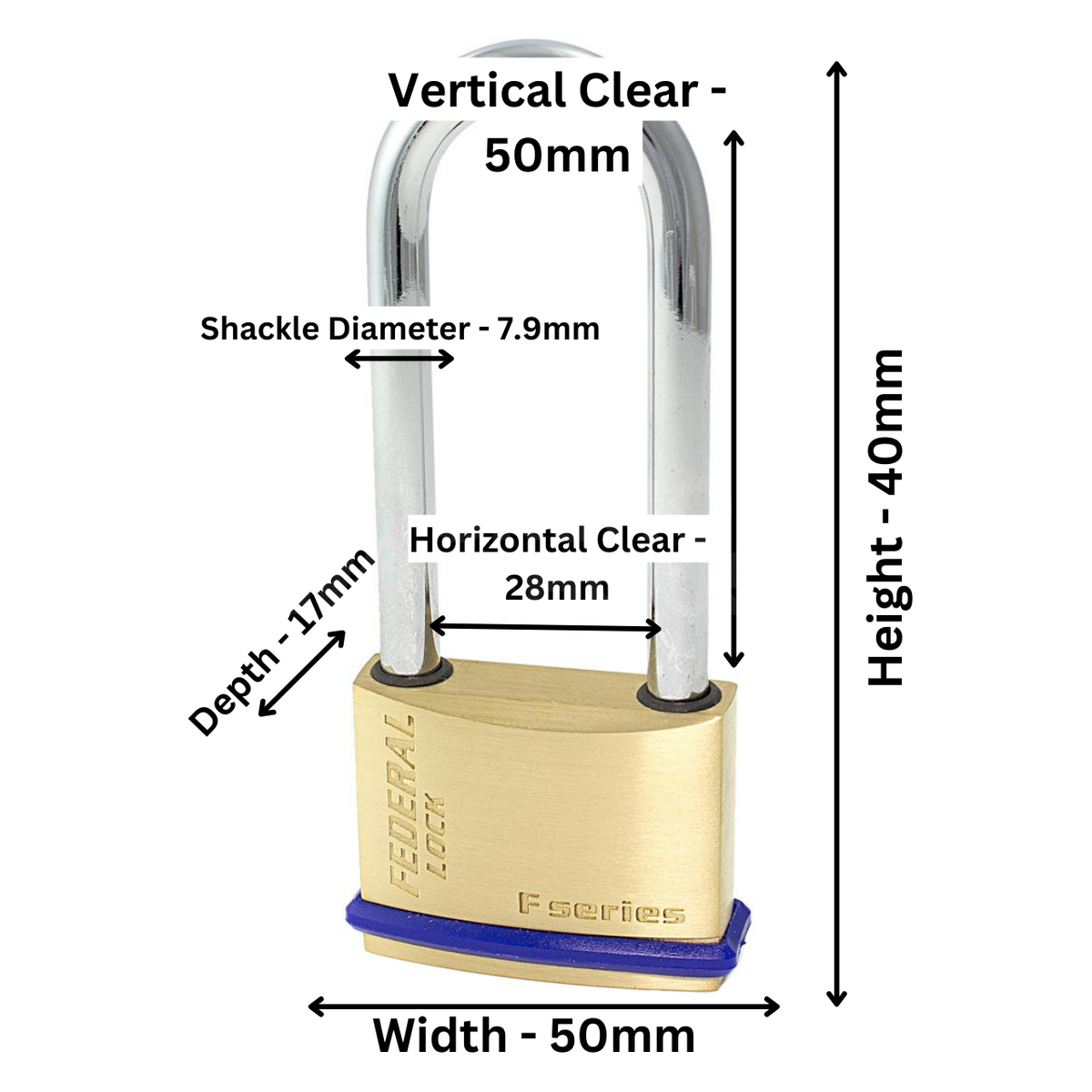 Dimensions Image: Federal 50mm Brass Padlock Long Shackle