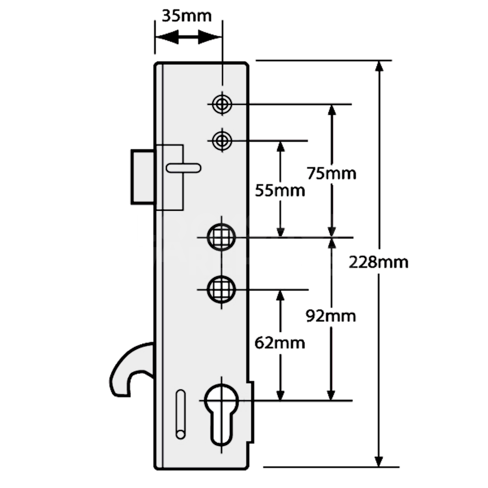 Dimensions Image: Yale Doormaster Lever Operated Latch &amp; Hookbolt Gearbox - 35/92