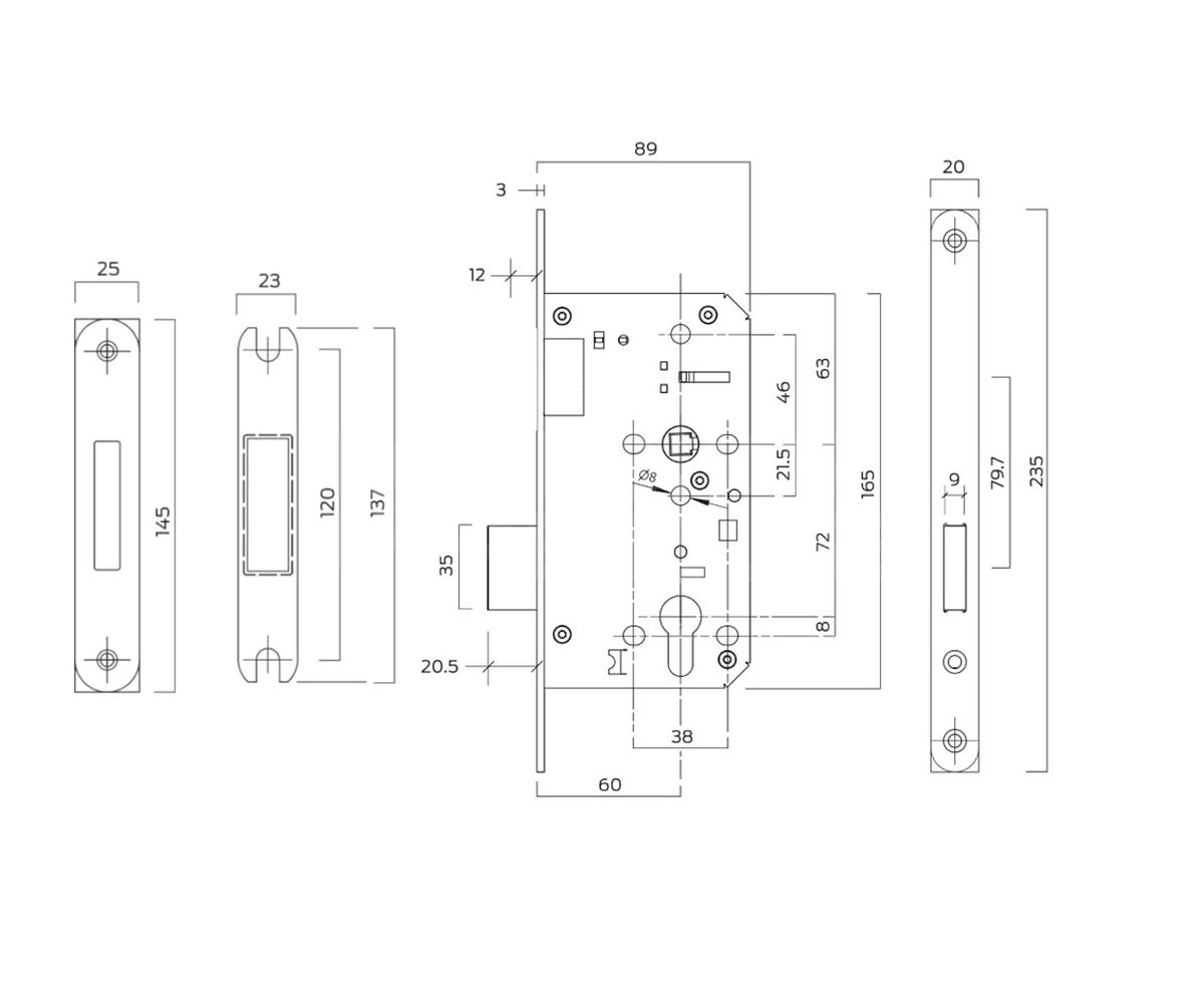 Dimensions Image: BRITON 5710 DIN Euro Profile Deadlock Case 60mm Backset