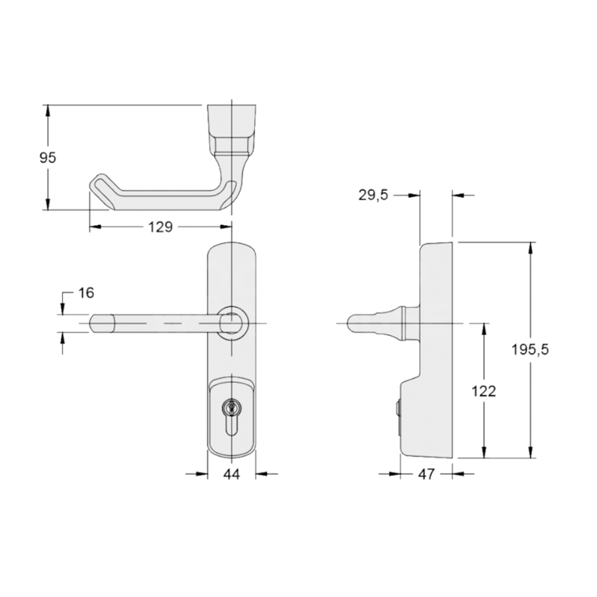 Dimensions Image: EXIDOR 525 Euro Lever Operated UPVC Door Exit Device